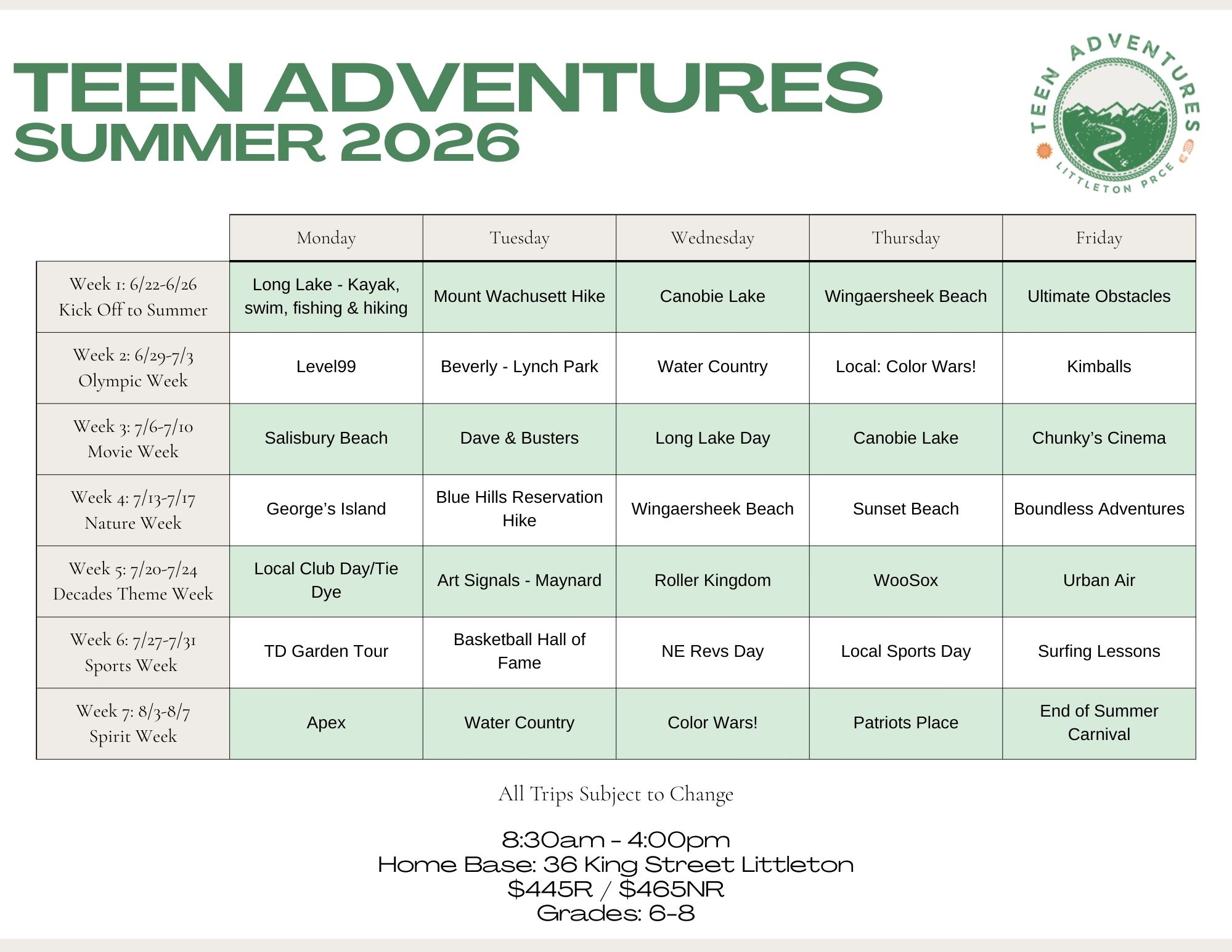 Teen Adv 2026 Trip Calendar